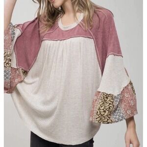 Altar'd State Women's Boho Patchwork Oversized Top Sz M Waffle Knit Flowy Blouse